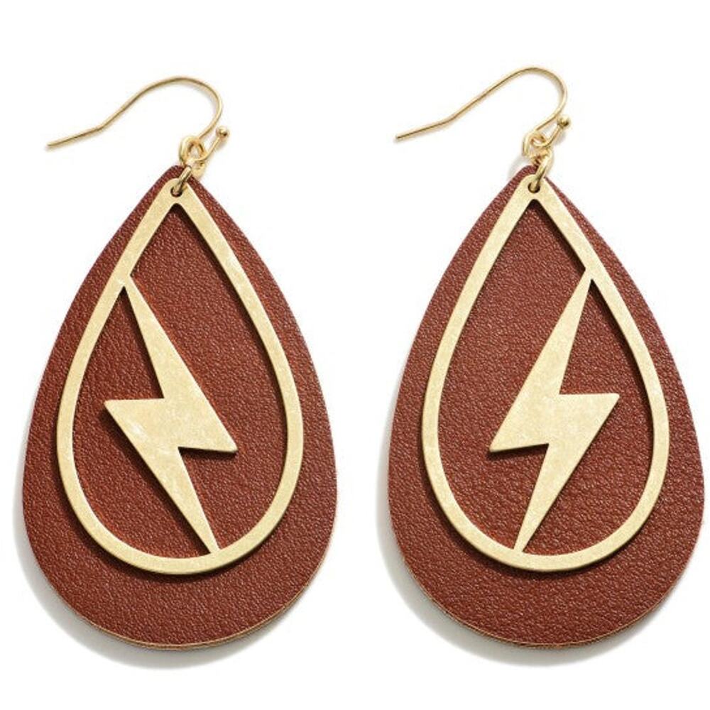 Vegan Leather Lightning Bolt Statement Earrings | Brown & Gold Drop